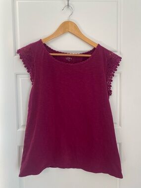 LOFT Ann Taylor Women's Lace Sleeve Berry Short Sleeve Top Size Medium